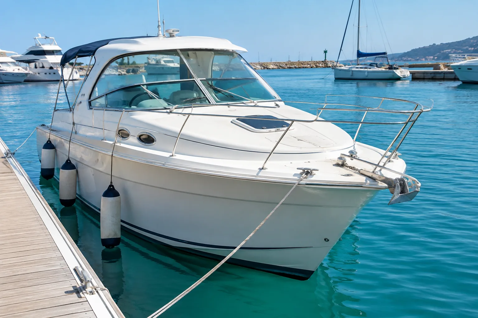 Bateau à moteur blanc amarré à un ponton de marina