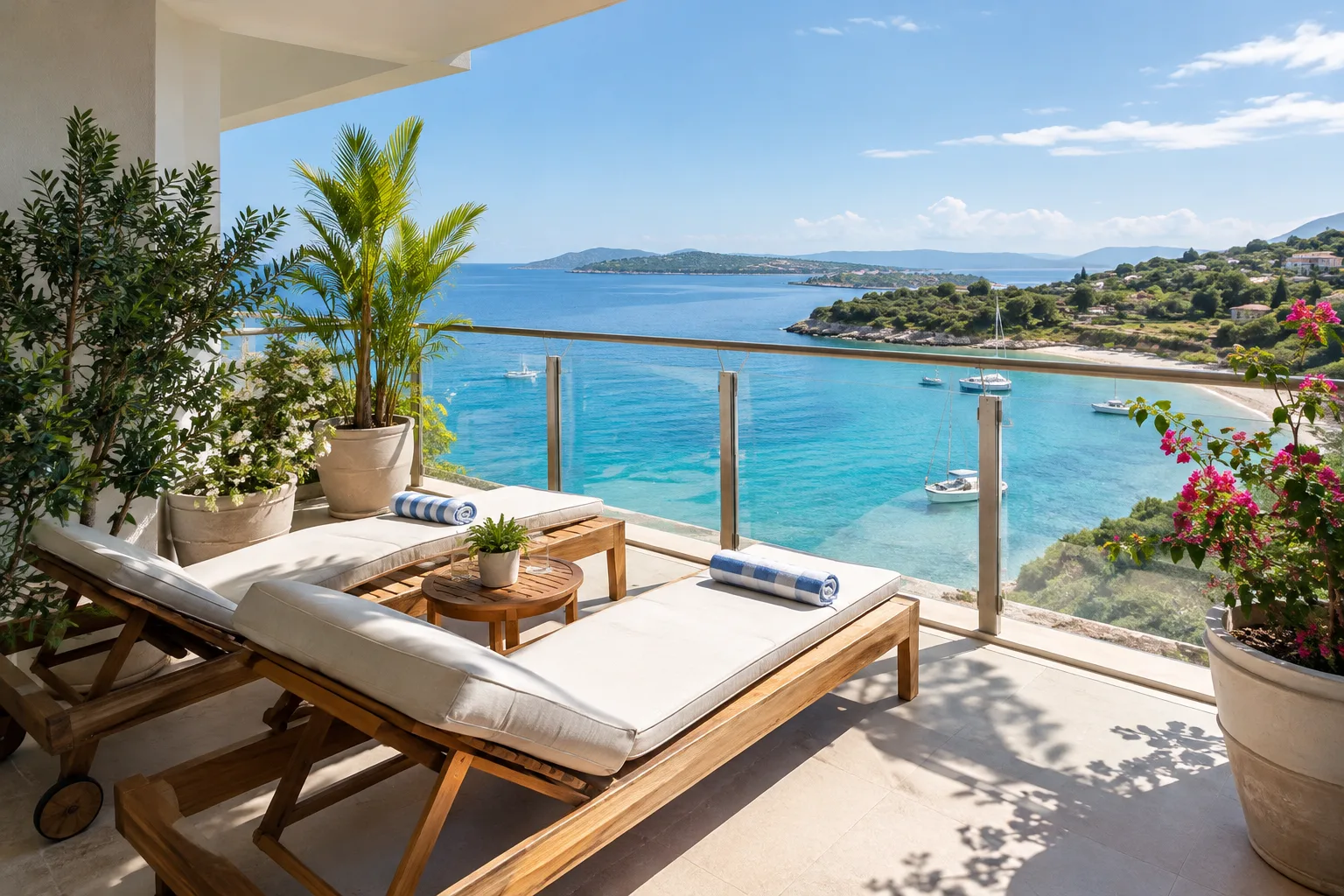 Balcon avec transats face à une baie turquoise